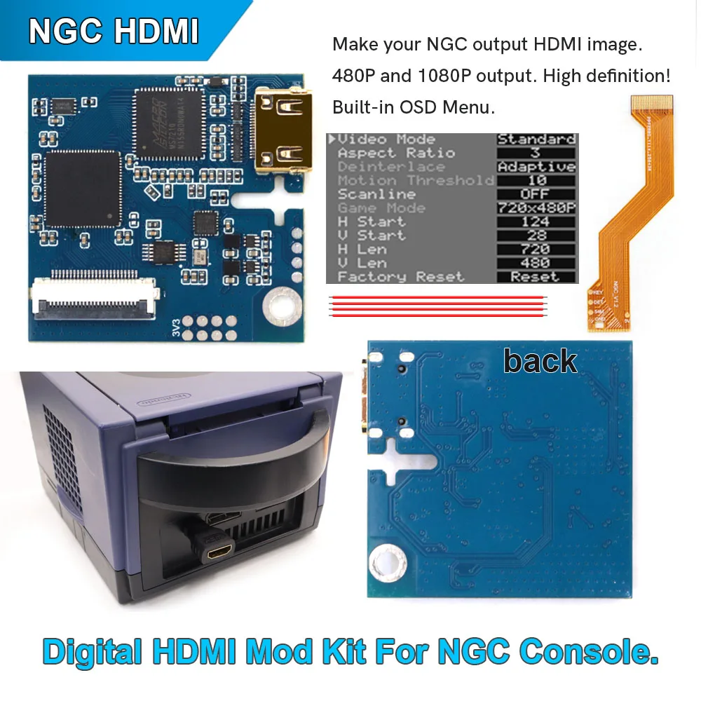 2025 내장형 HDMI 키트 (NGC 디지털 HDMI MOD 키트) 디지털-디지털 HDMI 모드 키트 (NGC 게임큐브 콘솔용) TV에서 플레이 가능