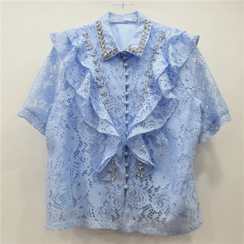 SuperAen Lace Ruffled Polo Collar Single Breasted Shirt 2026 Summer New French-style Elegant Diamonds Short Casual Shirts