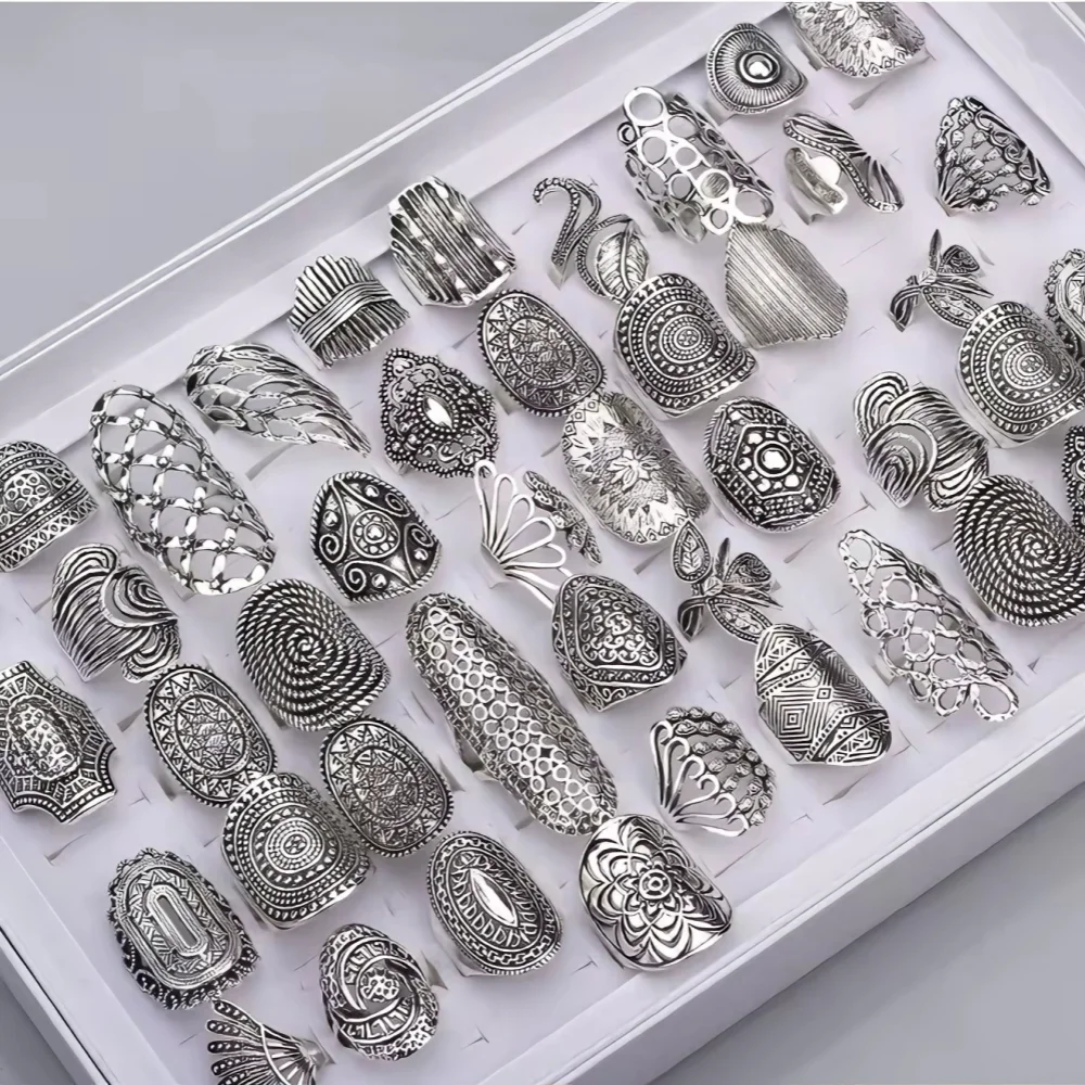 10/20Pcs/Lot Vintage Punk Hollowed Ring Carved Flower Leaves Women Men Daily Party Wedding Ring Jewelry Gifts Mixed Random