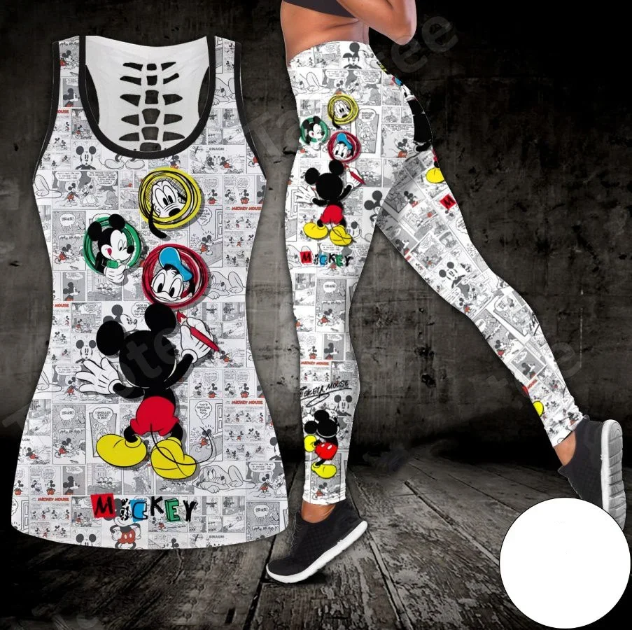 2024 New Mickey Mouse Women\'s Hollow Vest + Women\'s Leggings Yoga Suit Fitness Leggings Sports Suit Disney Tank Top Legging Set