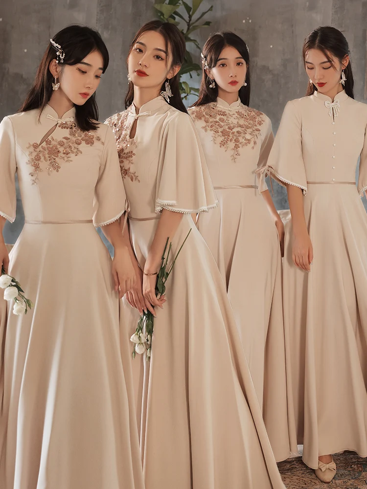 

It's Yiiya Customized Evening Dress Khaki Modest High Collar Half Sleeves A-line Floor Length Plus size Woman Party FOrmal Gown