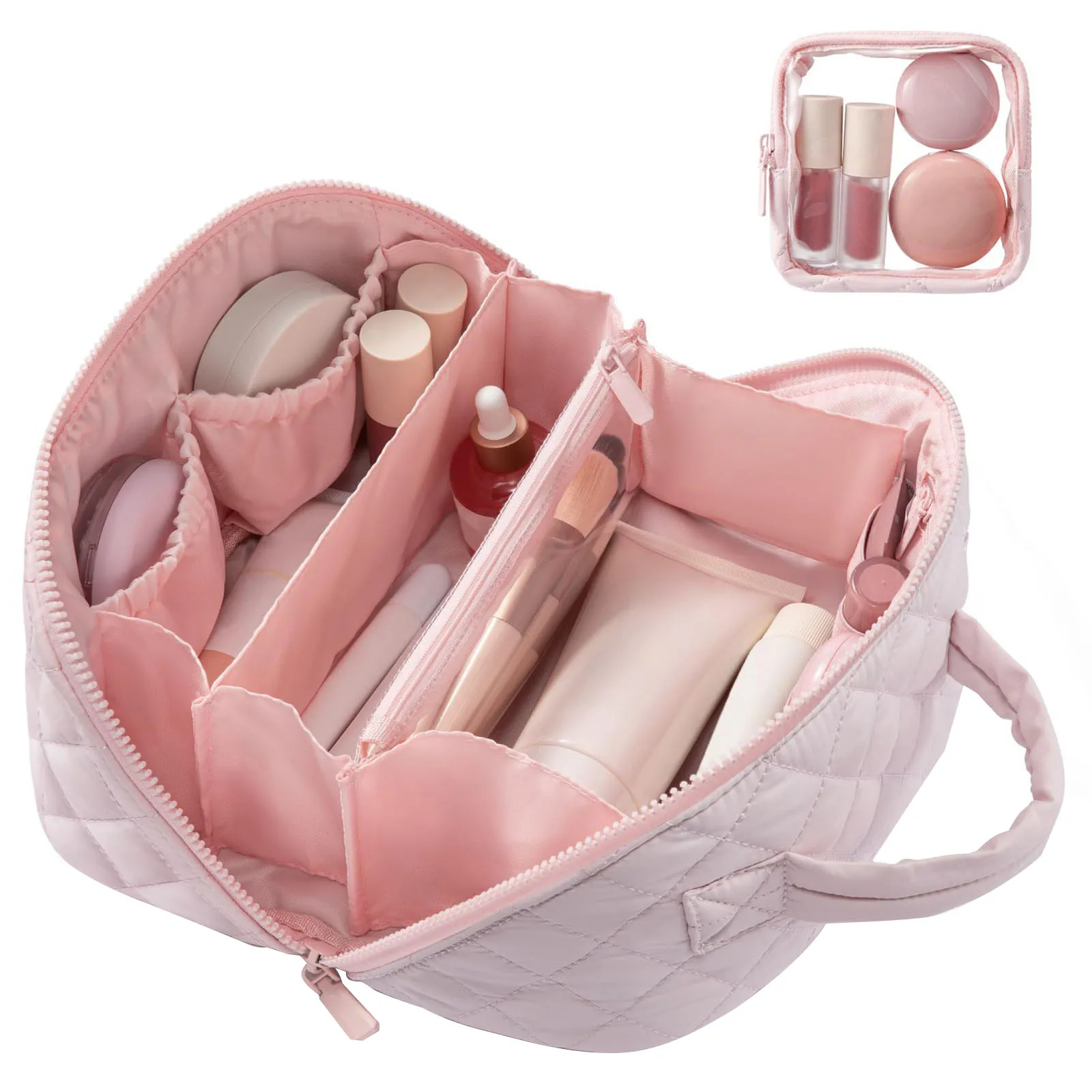 

Дорожная косметичка Открытая плоская косметичка с отделением для кистей и ручкой Дорожный органайзер Сумка для мытья для женщин Дорожный макияж