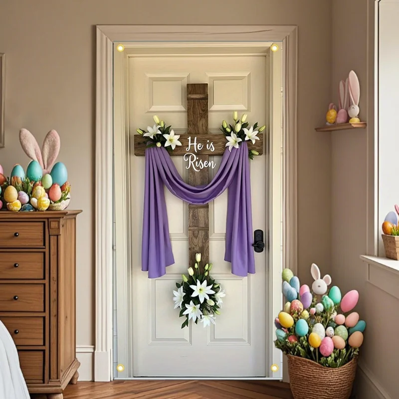 

2D Door Flag Banner, Easter Celebration Decor, Featuring Cross And Lily Designs - Suitable for Indoor And Outdoor Home Decor