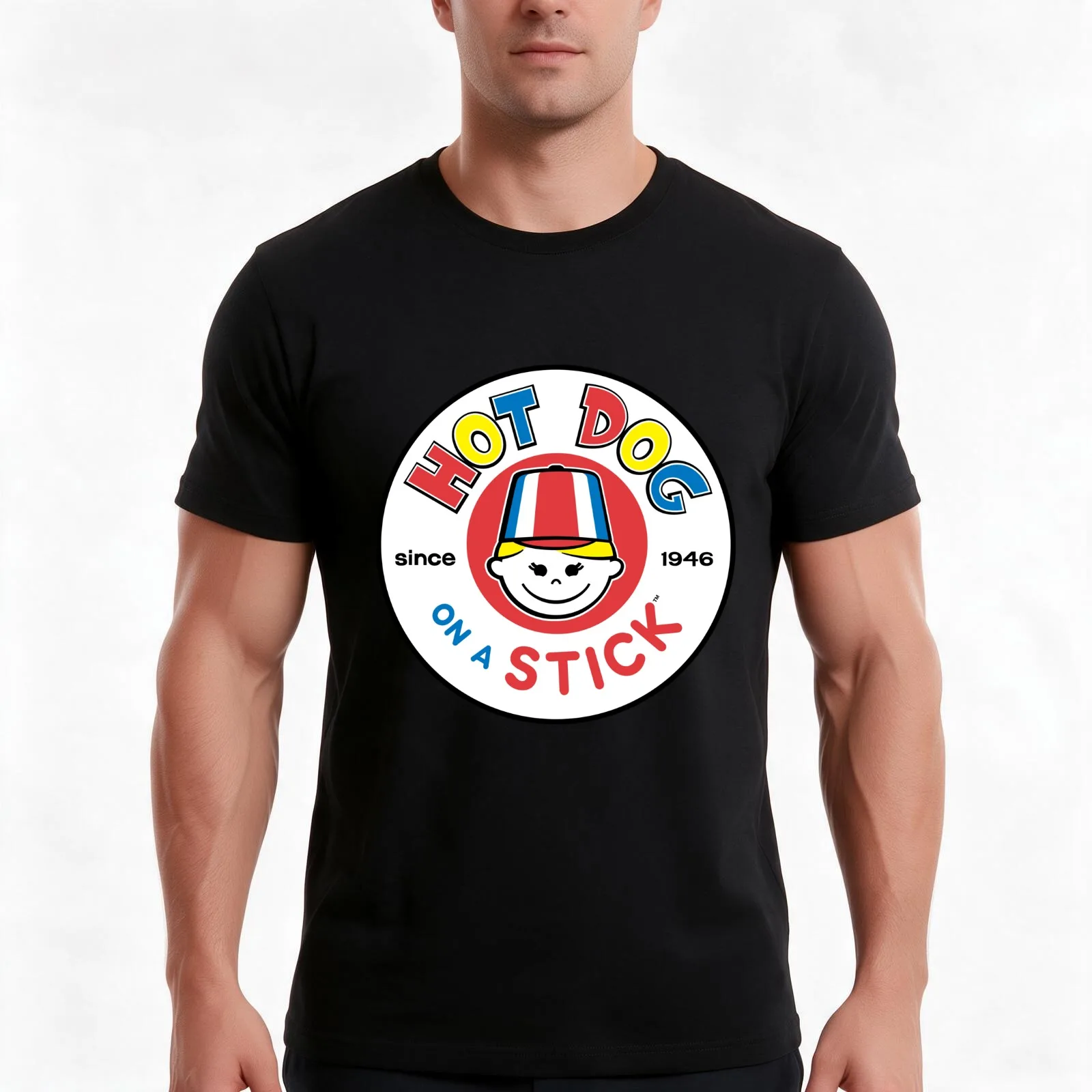 design hot dog on a stick restaurant logo T-Shirt, Summer Casual Cotton Tee, Oversized Streetwear Tops, Vintage Graphic Print