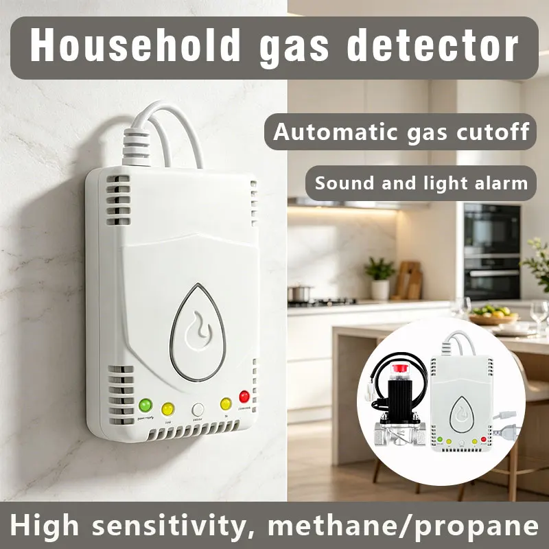 Independent Wall-Mounted Combustible Gas Detector, Gas Leakage Detection Device, Automatic Gas Cut-Off, Propane, Methane, Safety