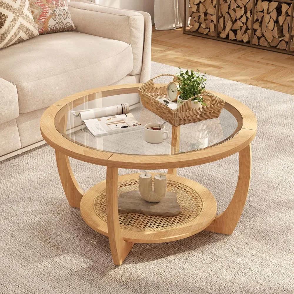 

Round Wood Coffee Table with Glass Top, Solid Wooden Circle Center Table with Curved Legs and Handmade Rattan Storage Shelf
