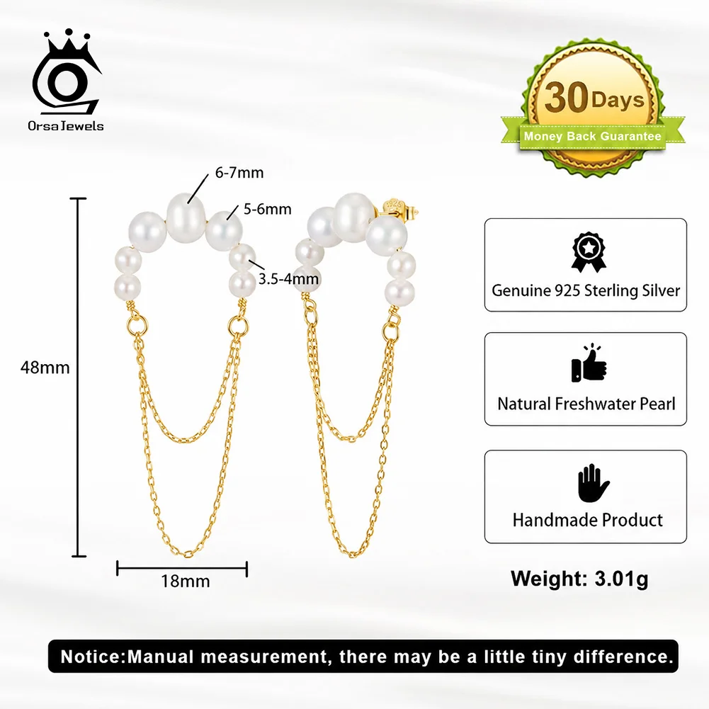 ORSA JEWELS 925 Silver Dangle Earrings Gradient Size Pearl Hoop With Layer Long Chain Elegant Tassel Pearl Ear Jewelry GPE162