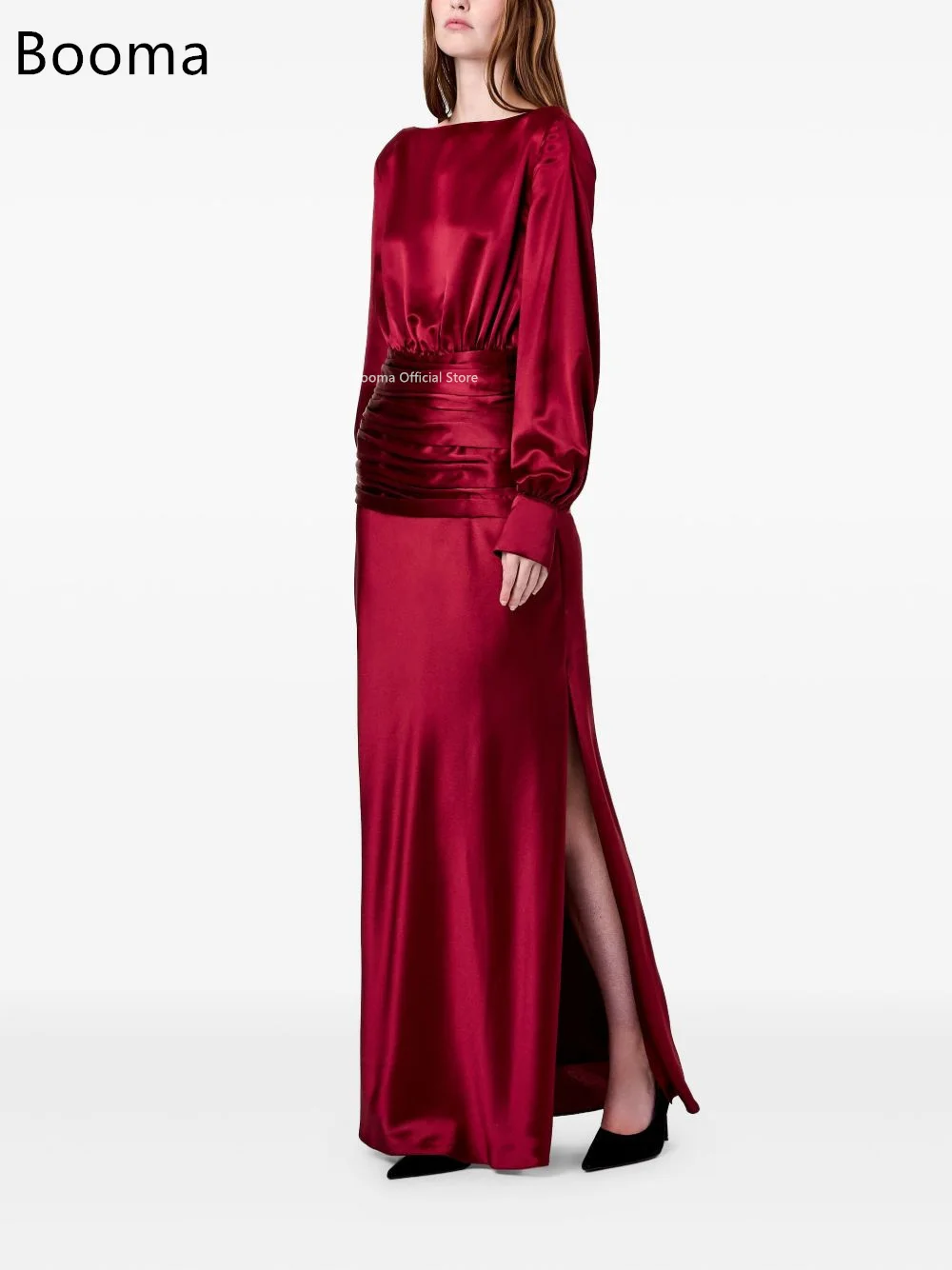 Booma linha a sem costas cetim simples vestidos de noite vestidos formais para mulheres manga cheia elegante vestidos de baile feitos sob encomenda 2025