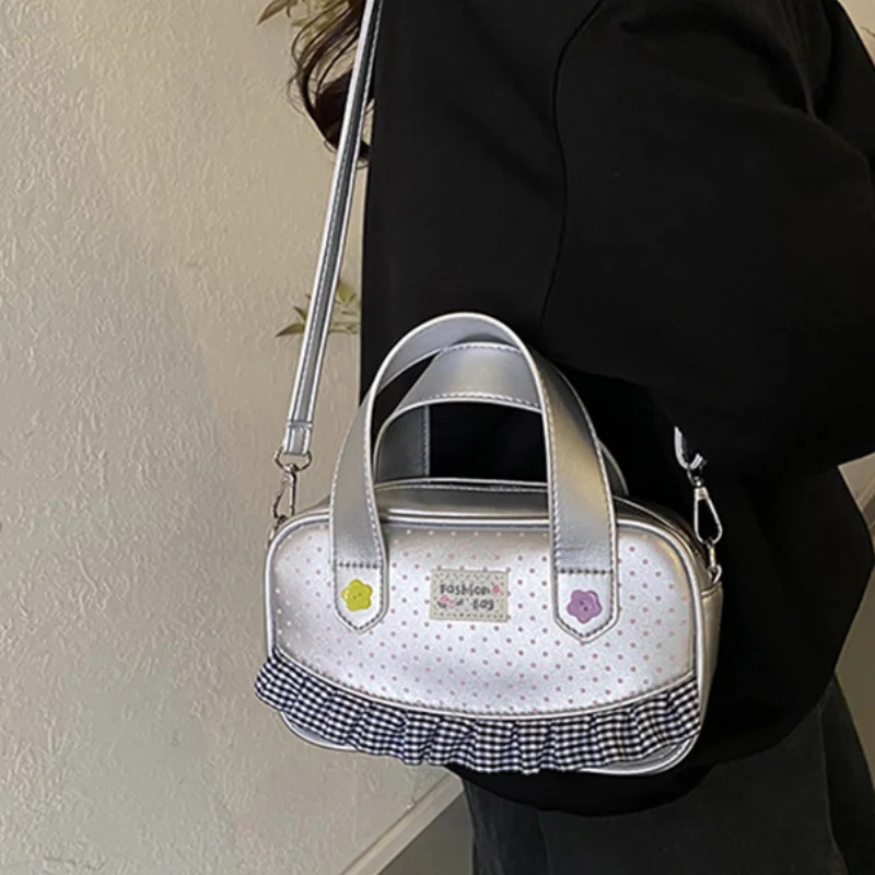 

Stylish Polka Dot Bowling Bag Plaid Ruffle Trim Cute Mini Handbag Casual Sweet Versatile Crossbody Bag Zippered Shoulder Bag