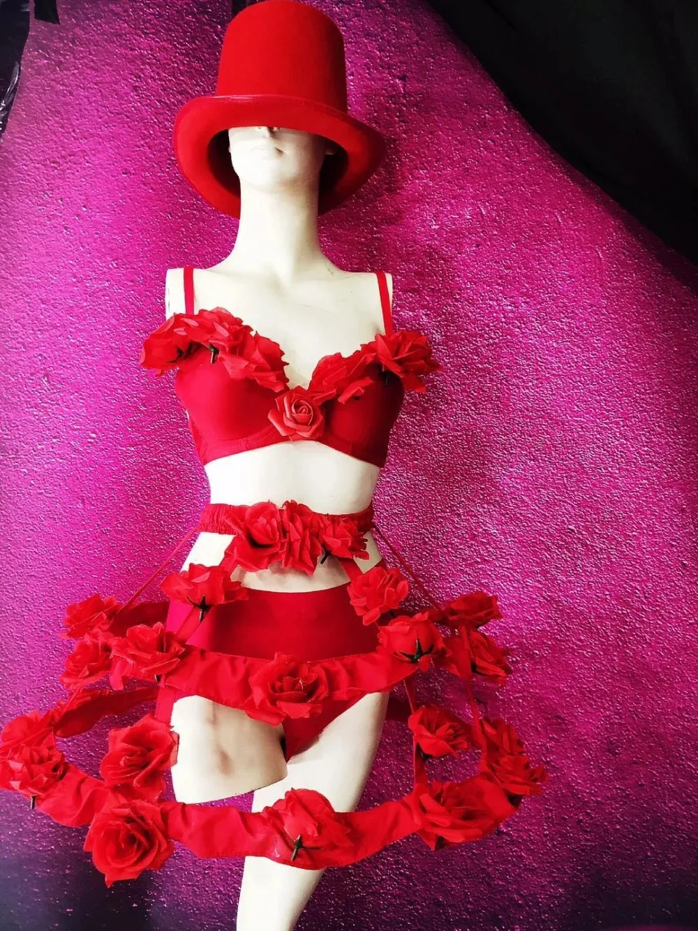 Valentine\'s Day Costume Red Rose Flower Tiered Skirt Dance Outfit Adult Carnival Party Bar Nightclub Performance Sexy Stage Wear