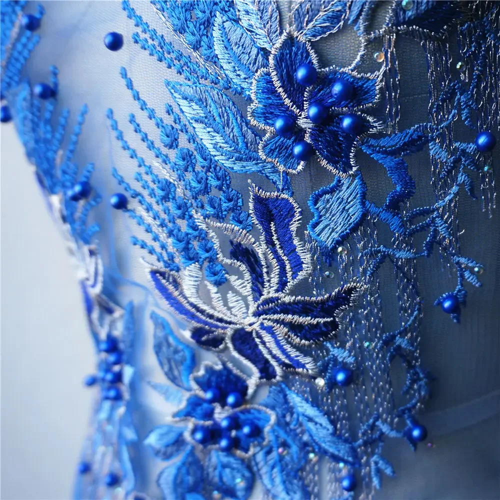 Blue Red Purple Lace Fabric Flower Tassel Beads Rhinestone Embroidered Gown Appliques Sew Patch For Wedding Decoration DIY