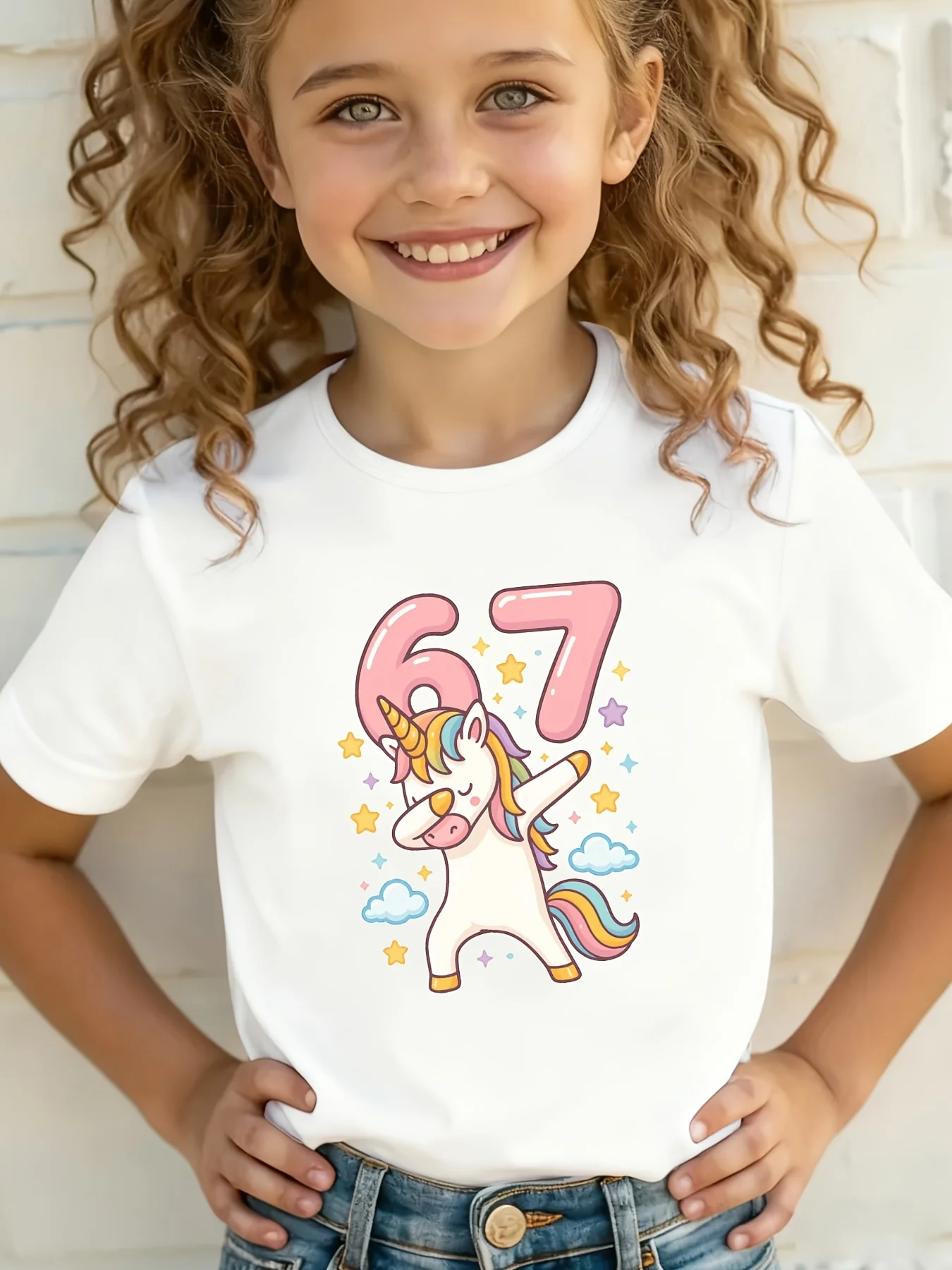 Dabbing Rainbow Unicorn Number 67 Star Cloud Print Family Matching Cotton Tees Short Sleeve Tops For Mom Dad Boys Girls Daily We