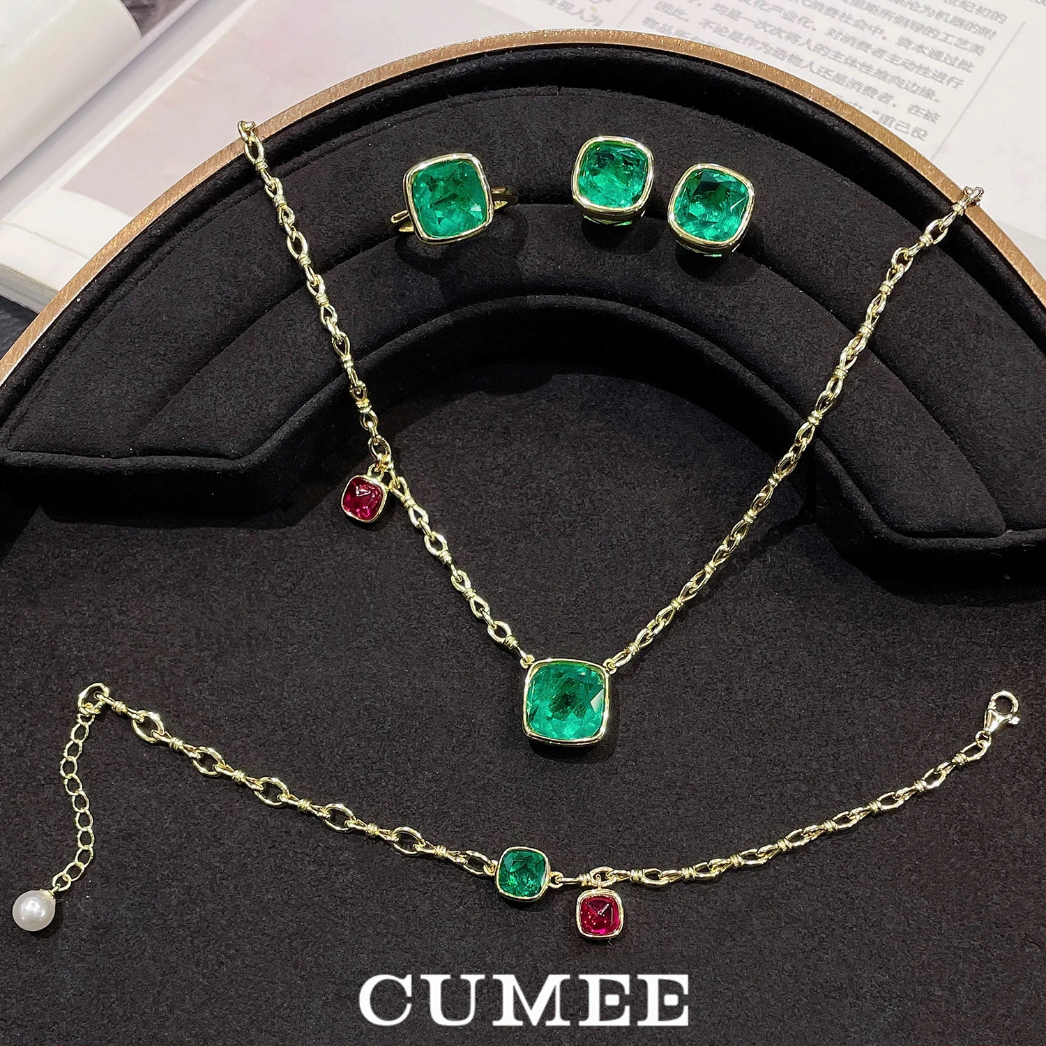 CUMEE Sweet Collection Playful Candy Toned Simulated Emerald Jewelry Set for Daily Wear 925 Gold-Plated Silver