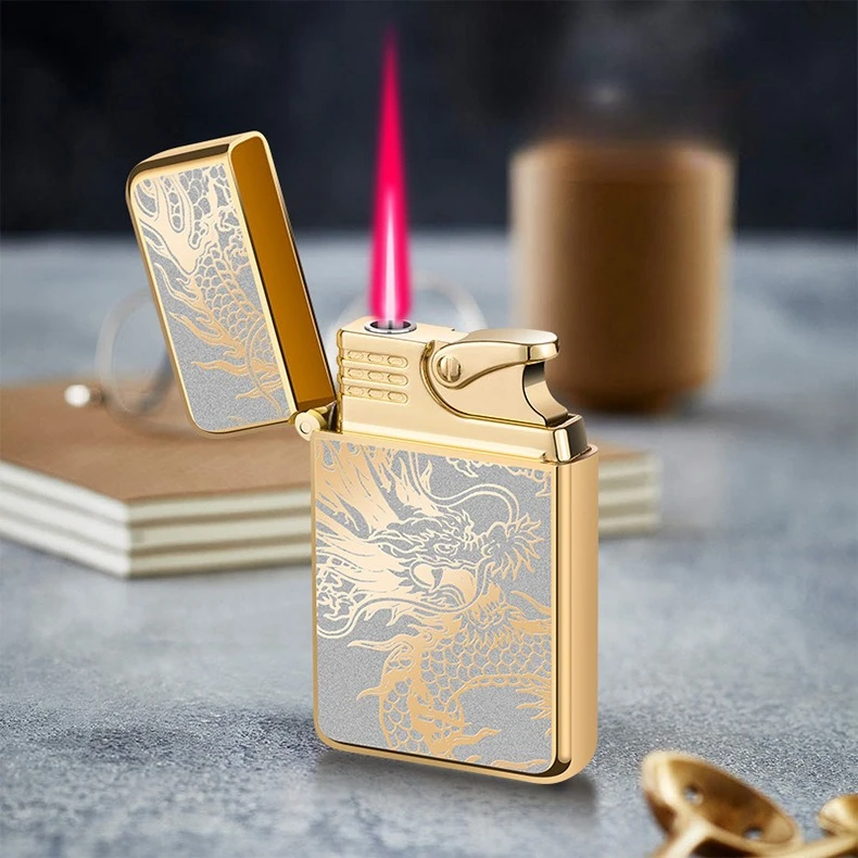 Ultra Thin Windproof Straight Forward Red Flame Inflatable Lighter Portable Outdoor Metal Cigarette Lighter Smoking Gift