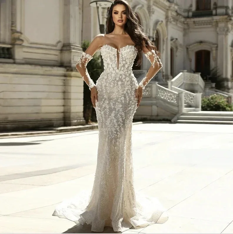 

Романтические свадебные платья русалки с длинными рукавами и бисером, кружевные аппликации, свадебное платье без бретелек со съемным шлейфом, индивидуальное платье