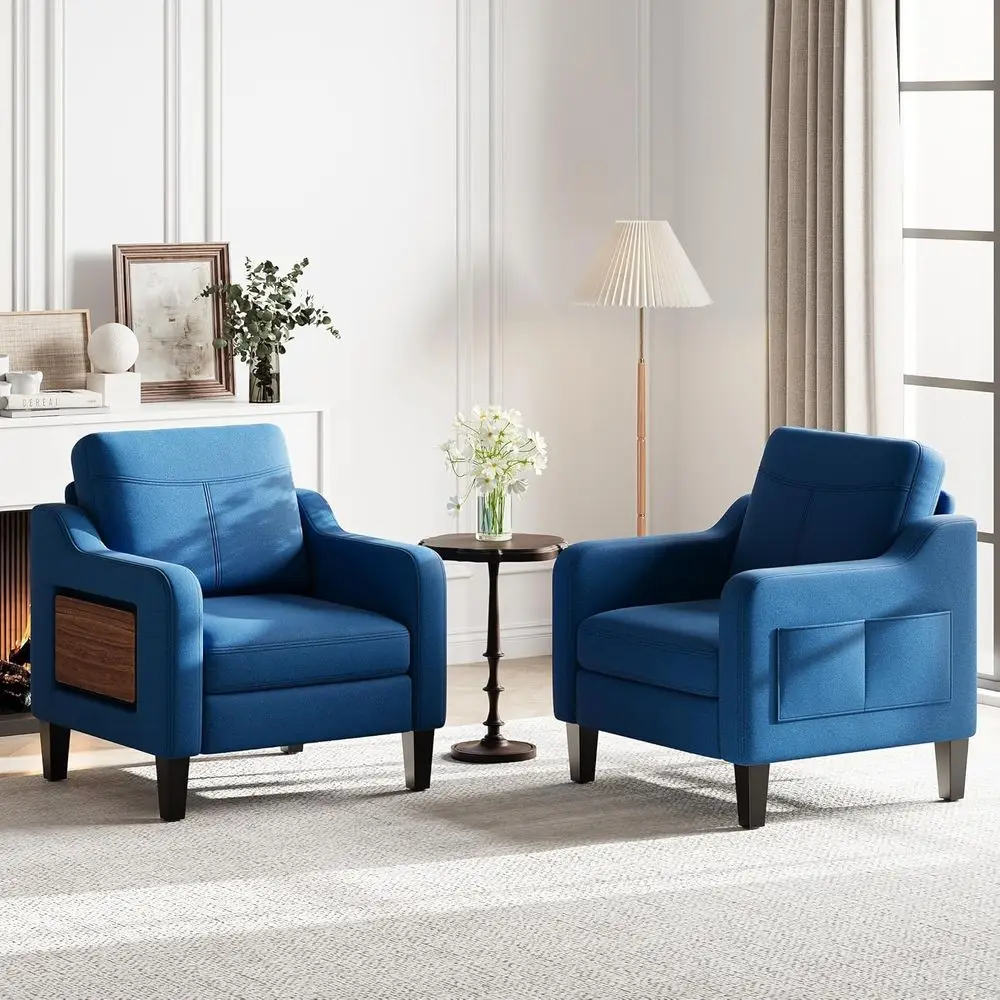 

Современный льняной стул с деревянными подлокотниками, складные боковые карманы для комфорта чтения в гостиной и спальне