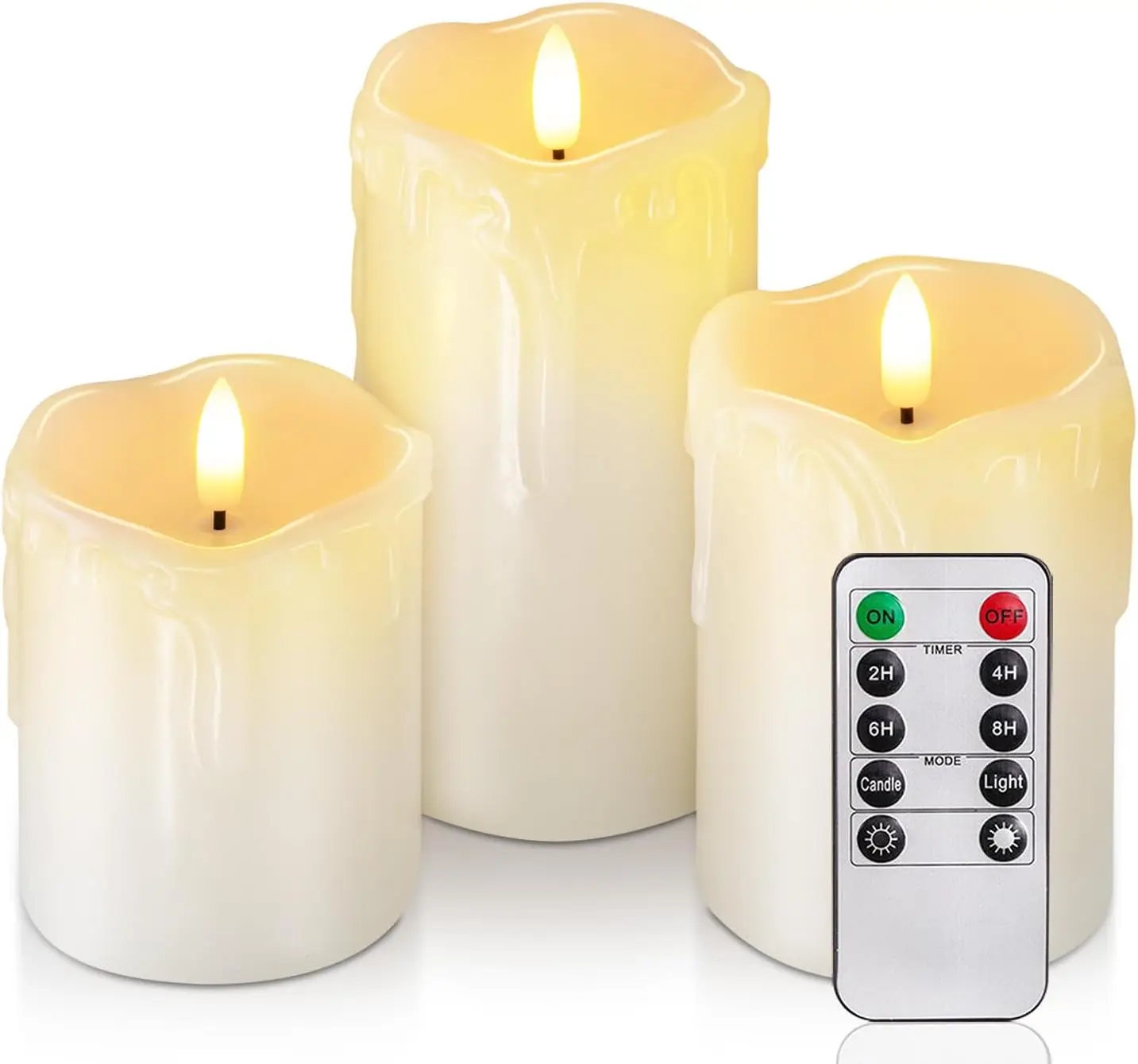 

Dripping Wax FlamelLED Pillar Candles, Battery Operated with Remote Control and Timer, Set of 3, 5' H x 4' W x 6' D