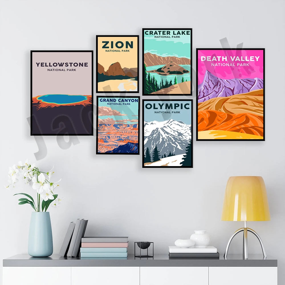 

Zion, Glacier, Yellowstone, Death Valley, Crater Lake, Yosemite, Grand Canyon National Park Adventure Travel Poster Canvas Print