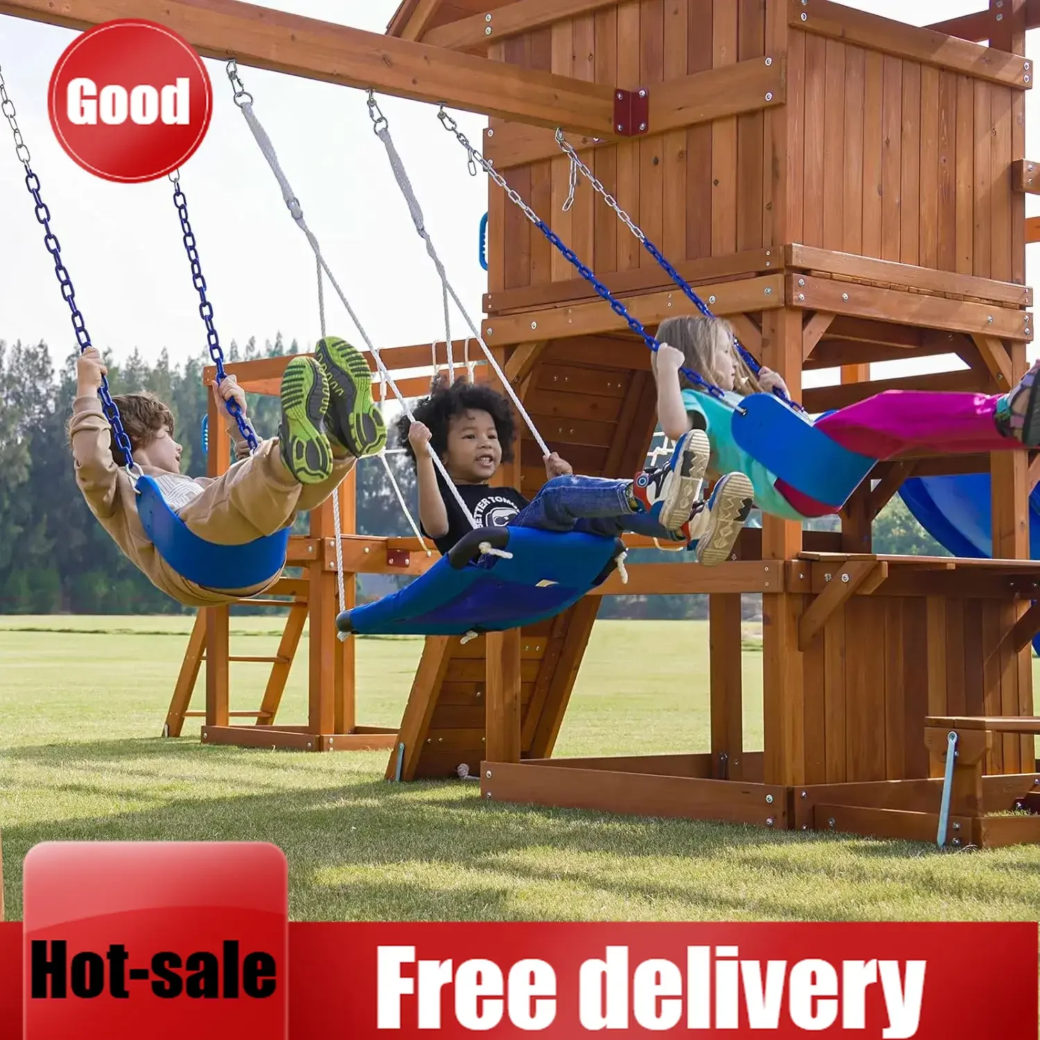 

Swing Sets for Backyard with Plank Bridge, Wooden Playground Sets for Backyards with 2 Wave Slides, Monkey bar