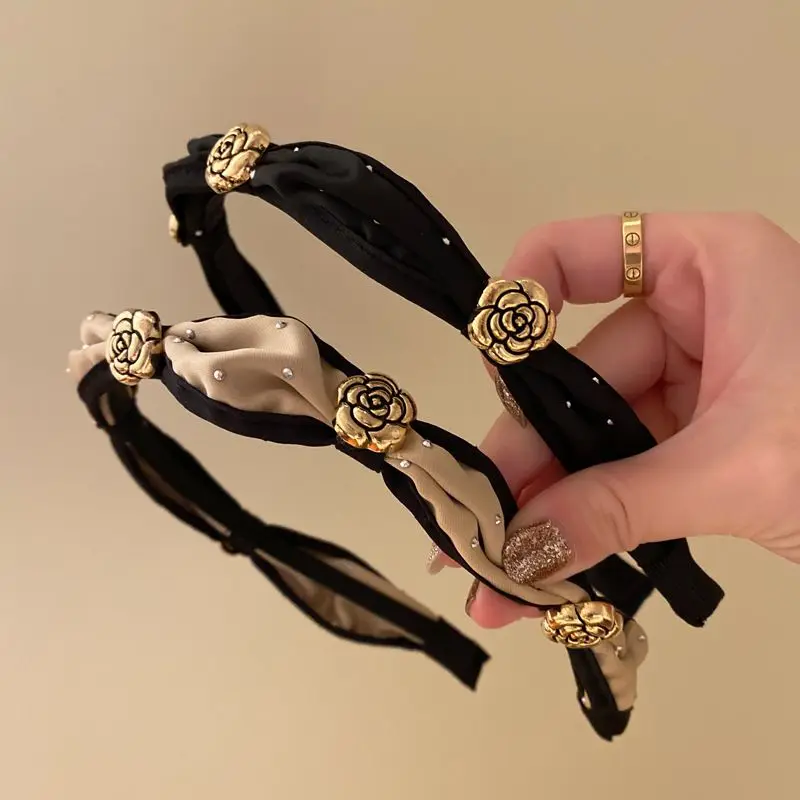 High-end Temperament Hair Band Short Hair Texture Headband Wash Face Hairpin Retro Camellia Jewelry for Woman Girl Party Gift