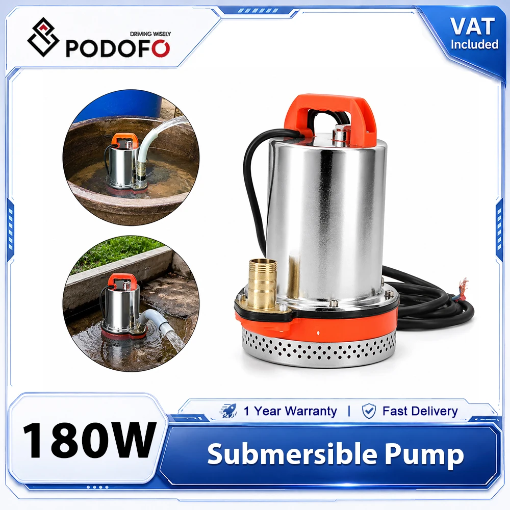 Podofo 12V Tauchpumpe 1 Zoll Tragbare Edelstahl-DC-Batteriepumpe 6m Max. Förderhöhe 180W Elektrische Transferpumpe mit 2,5m Kabel für Gartenbewässerung Teich Aquarium Solaranlage Entwässerung