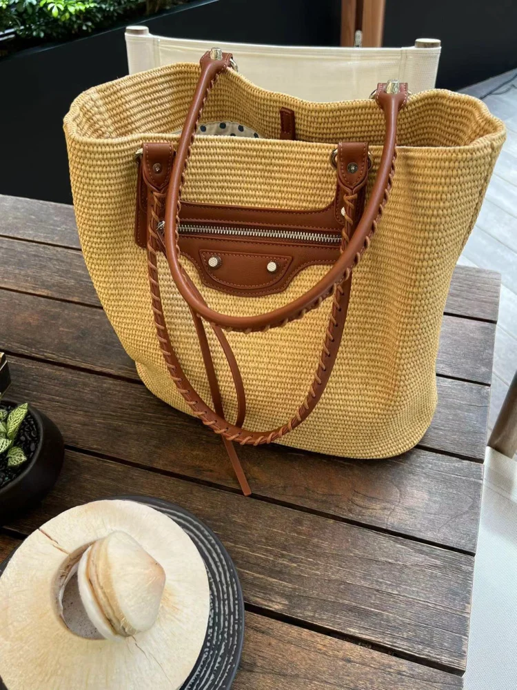 

Casual Large Capaci St Woven Tote Bag Patchwork Color Blo Handbag Beach Sle oulder Bag for Young Men And Women