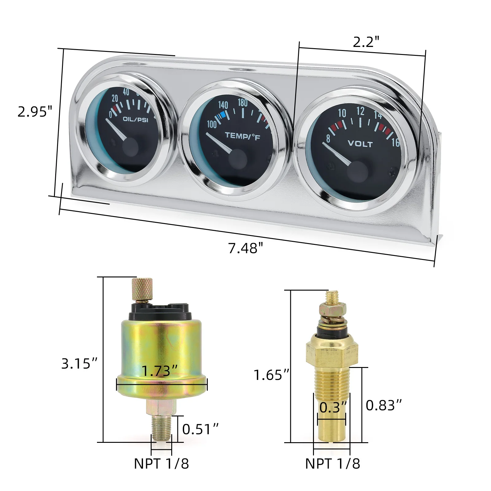 3 In 1 Triple Gauge Set 52mm Chrome Panel Voltmeter Water Temp Gauge Oil Pressure Dashboard Gauge Kit 12V for Car Marine Boat