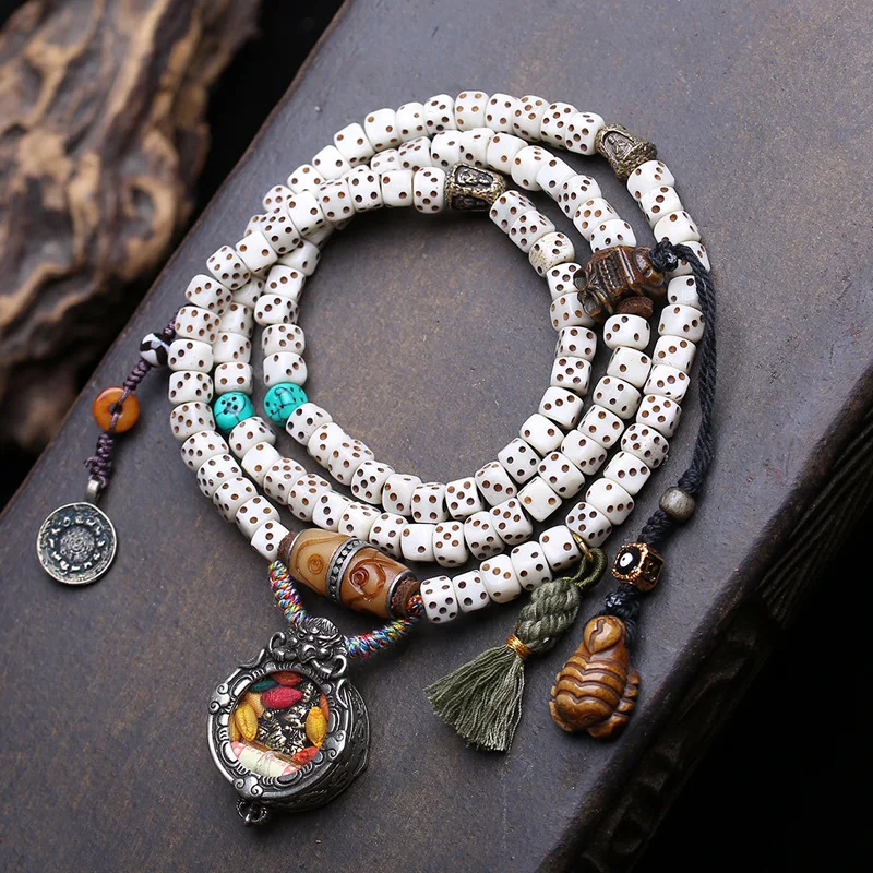 Hand-Held 108-Bead Buddhist Prayer Beads With Backflow Dice, Gahu Box, Yellow Wealth God Pendant, And Old Bone Inlaid Dzi B