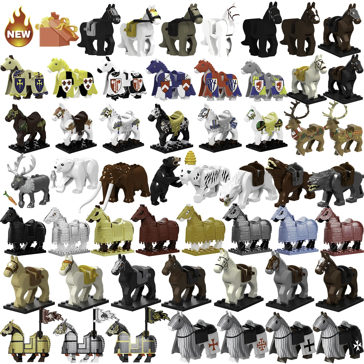 Moc Medieval War Horse Gray Wolf White Bear Elk Elephant Animal Model Kids Blocks Toys Gift For Boys Girls New Building Juguetes