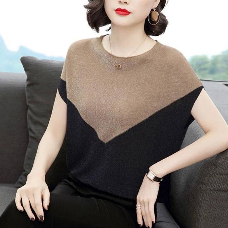 

2023 Women's Clothing New Round Neck Loose Pullovers Temperament Solid Dignified Patchwork Thin Summer Casual Elegant T-Shirts