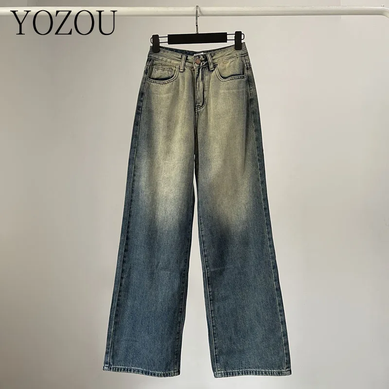 

[YOZOU] Vintage Luxury Cotton Baggy Wide Leg Jeans Oversize High Waist Boyfriend Denim Pants Trousers Women Korean Style