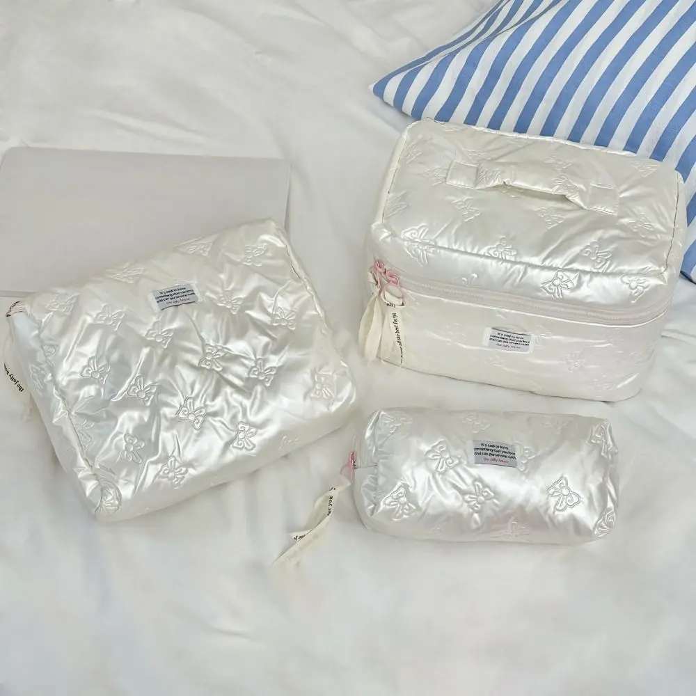 Cute PU Material Cosmetic Bag Storage Compartment Bow Decoration Makeup Case Multi-function Toiletry Bag Daily Organization