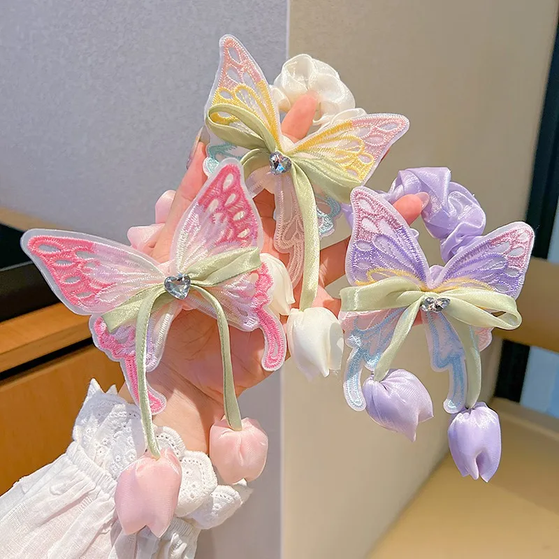 Schmetterling-Daunenfalten-Haargummis für Mädchen, modische Prinzessinnen-Haarbänder, süße Haaraccessoires