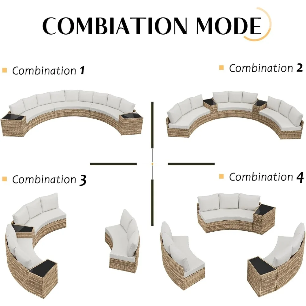 Set percakapan teras, 11 buah Set furnitur teras bulat setengah bulan dengan tempat penyimpanan besar meja jepit Set Sofa anyaman