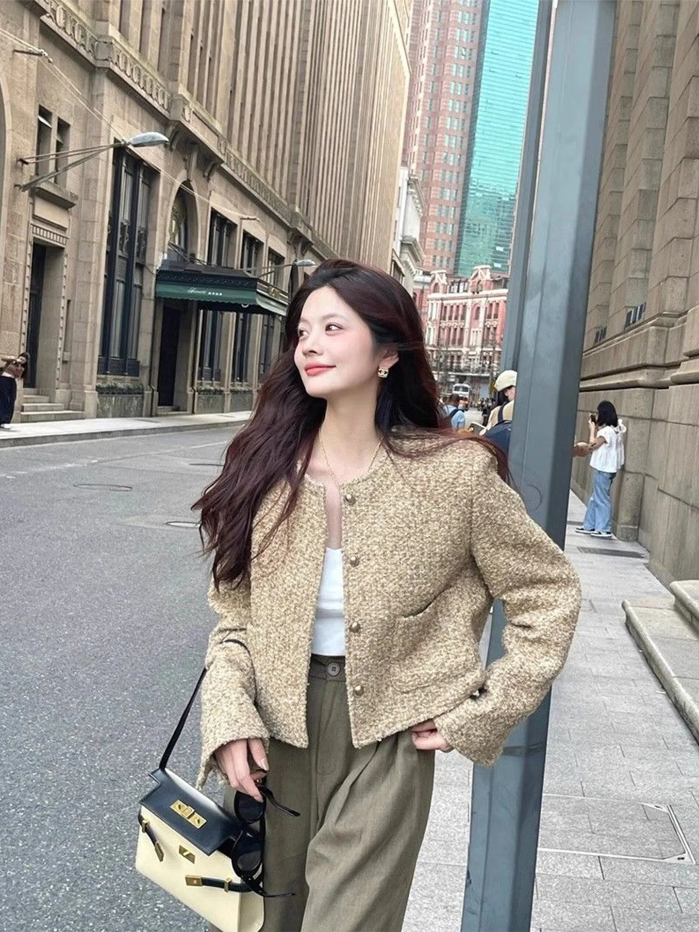 

Твидовый жакет элегантный осенне-зимний 2025, ветрозащитный, цвет хаки, с асимметричной молнией, имитация двухслойной одежды, уютный, для офиса