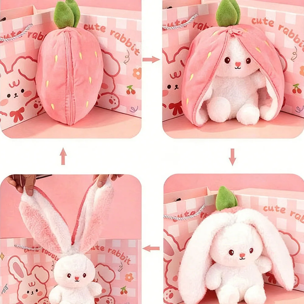 Cute Fruit Double sided Rabbit Plush Toy Can Transform into Cute Carrot Strawberry Rabbit Children's Birthday Christmas Gift