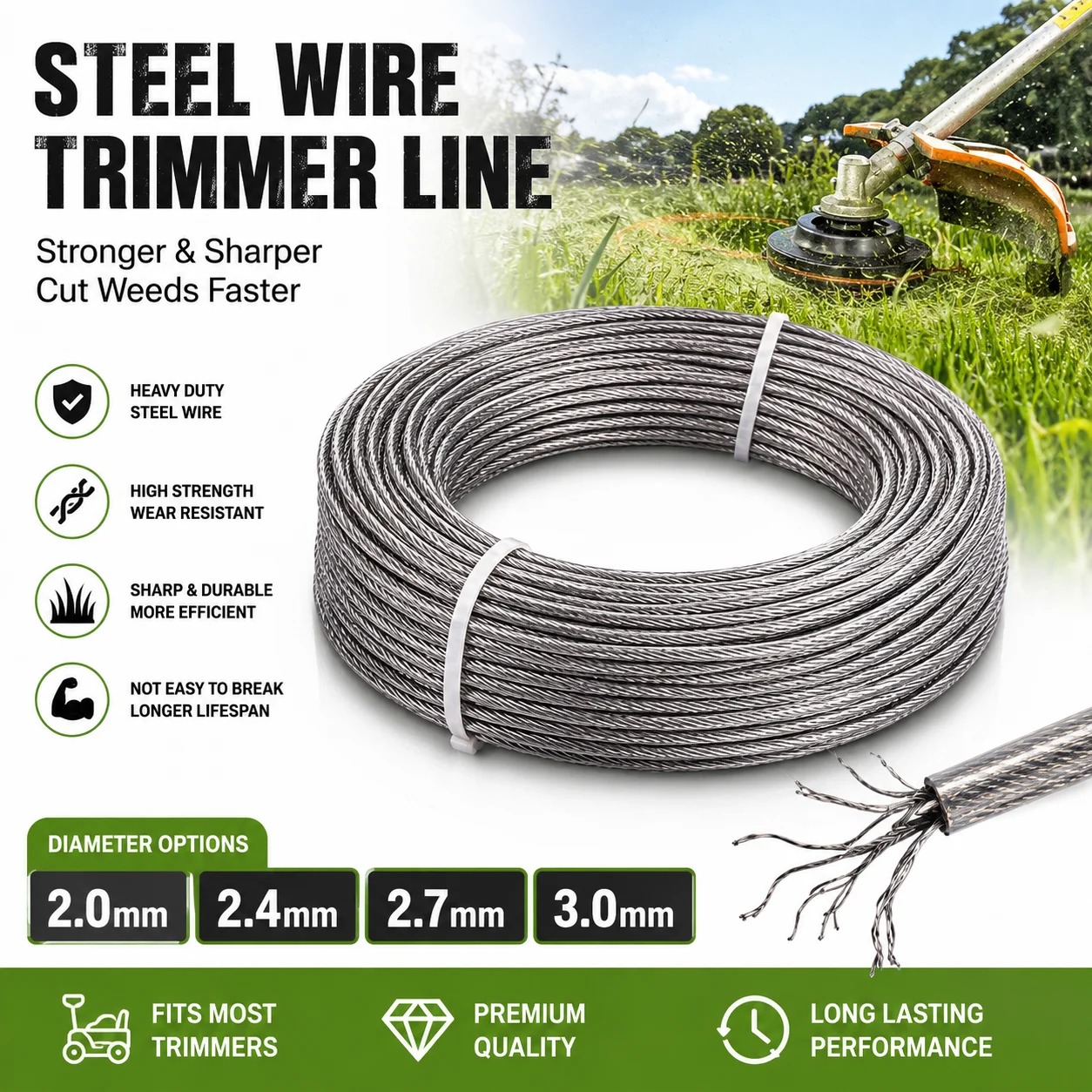 Heavy Duty Steel Wire Nylon Trimmer Line 5m/10M Weed Eater String Universal Replacement Trimmer Cord 2.0mm 2.4mm 2.7mm 3.0mm Bru