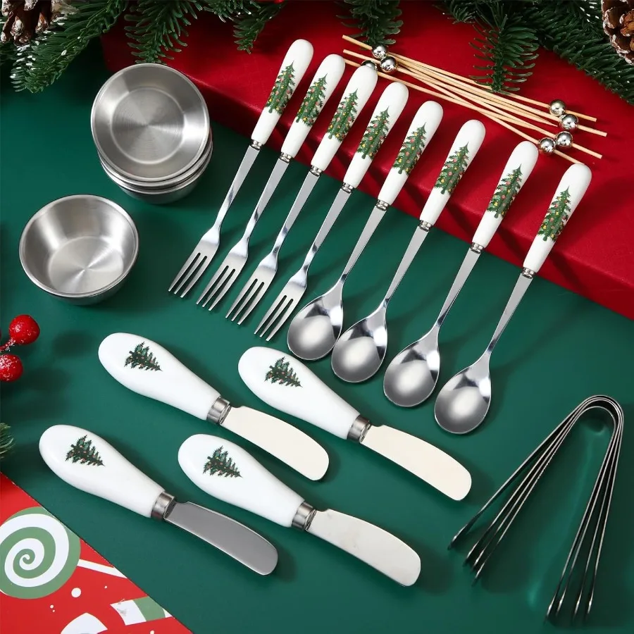 

Набор рождественских ножей для разбрасывания сыра и масла, 28 предметов с керамическими ручками для досок для мясных изделий, сервировочная посуда из нержавеющей стали