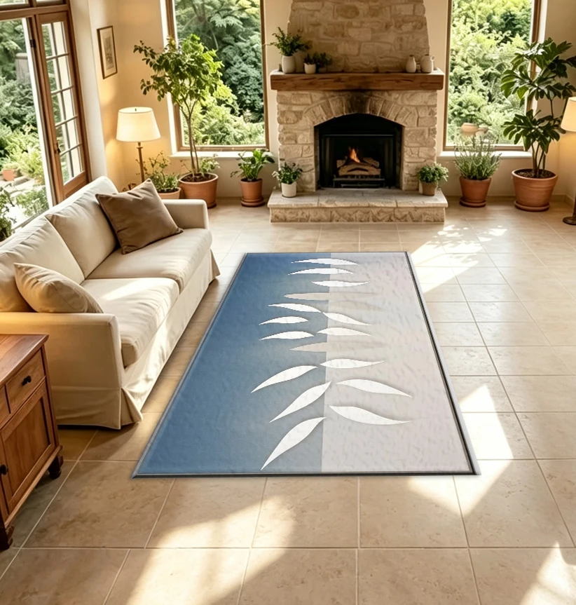 Modern Blue and White Abstract Leaf Art Carpet Floor Living Room Decoration Floor Mat