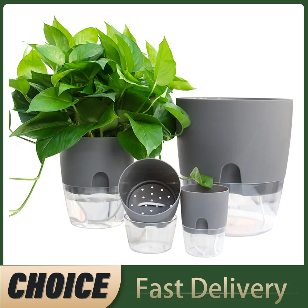 Transparent Double Layer Plastic Flower Pot Self Watering Flowerpot Cotton Rope Watering Plant Pot with Injection Port