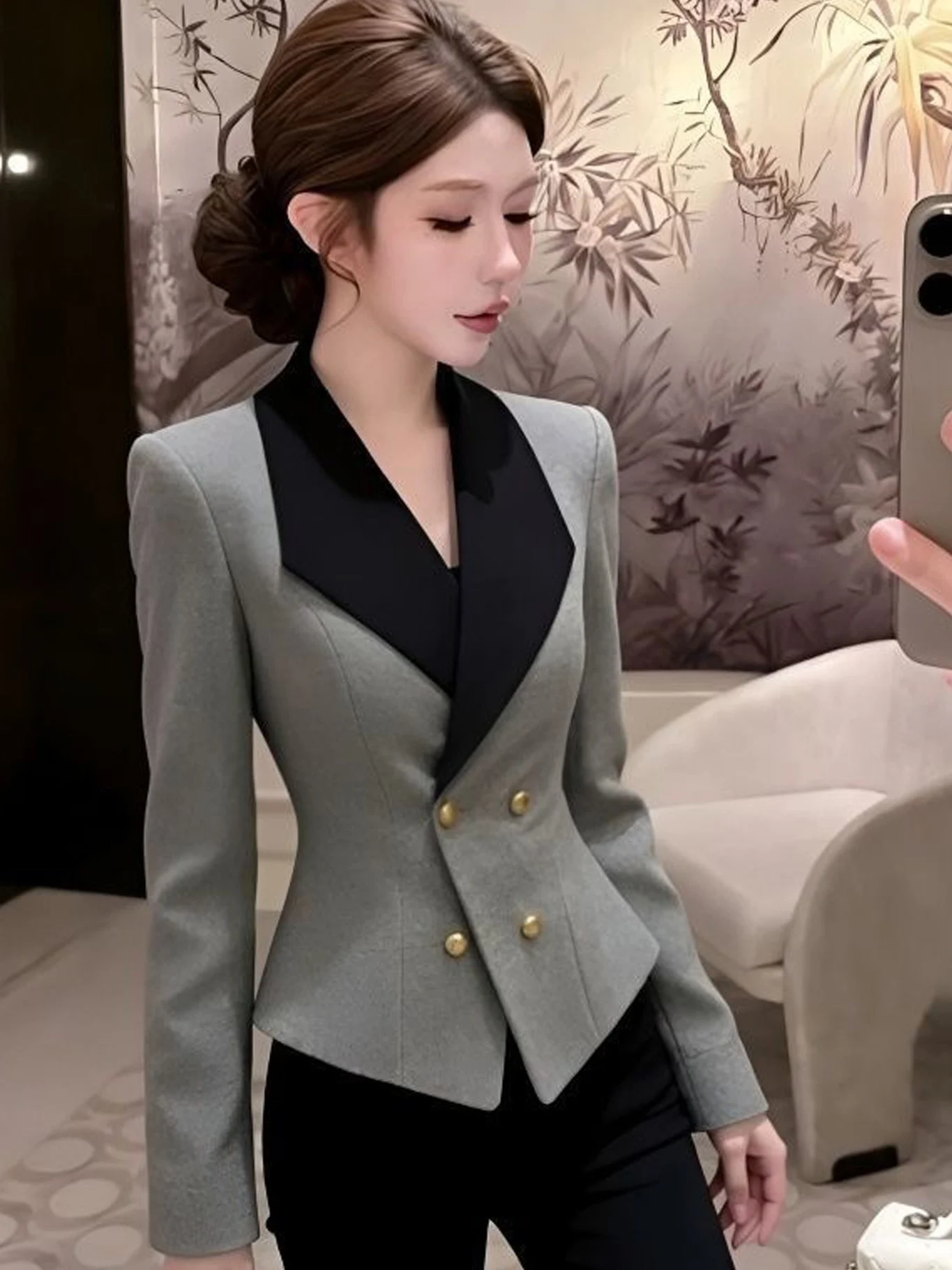 Gray Suit Jacket Women's Stylish Color Block Slimming Collar High End Fashionable Autumn New Arrival Commute Style Long Sleeve