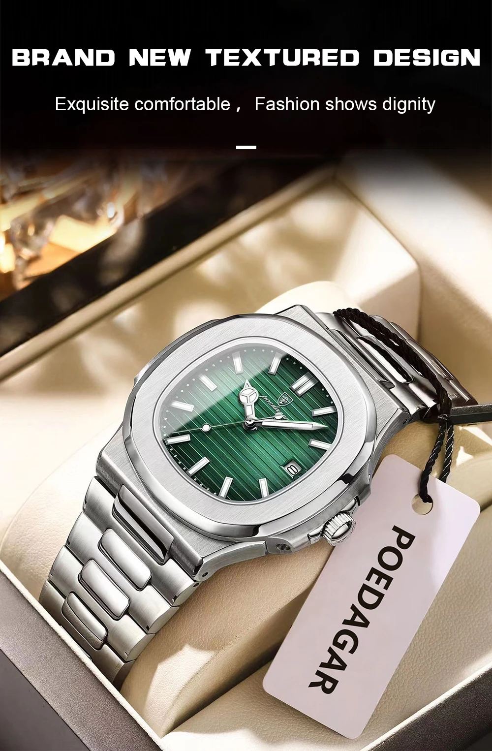 POEDAGAR Original Platz Männer Armbanduhr Datum Wasserdicht Edelstahl Leucht Mann Uhr Mode-Business Quarz herren Uhren – Detail 5