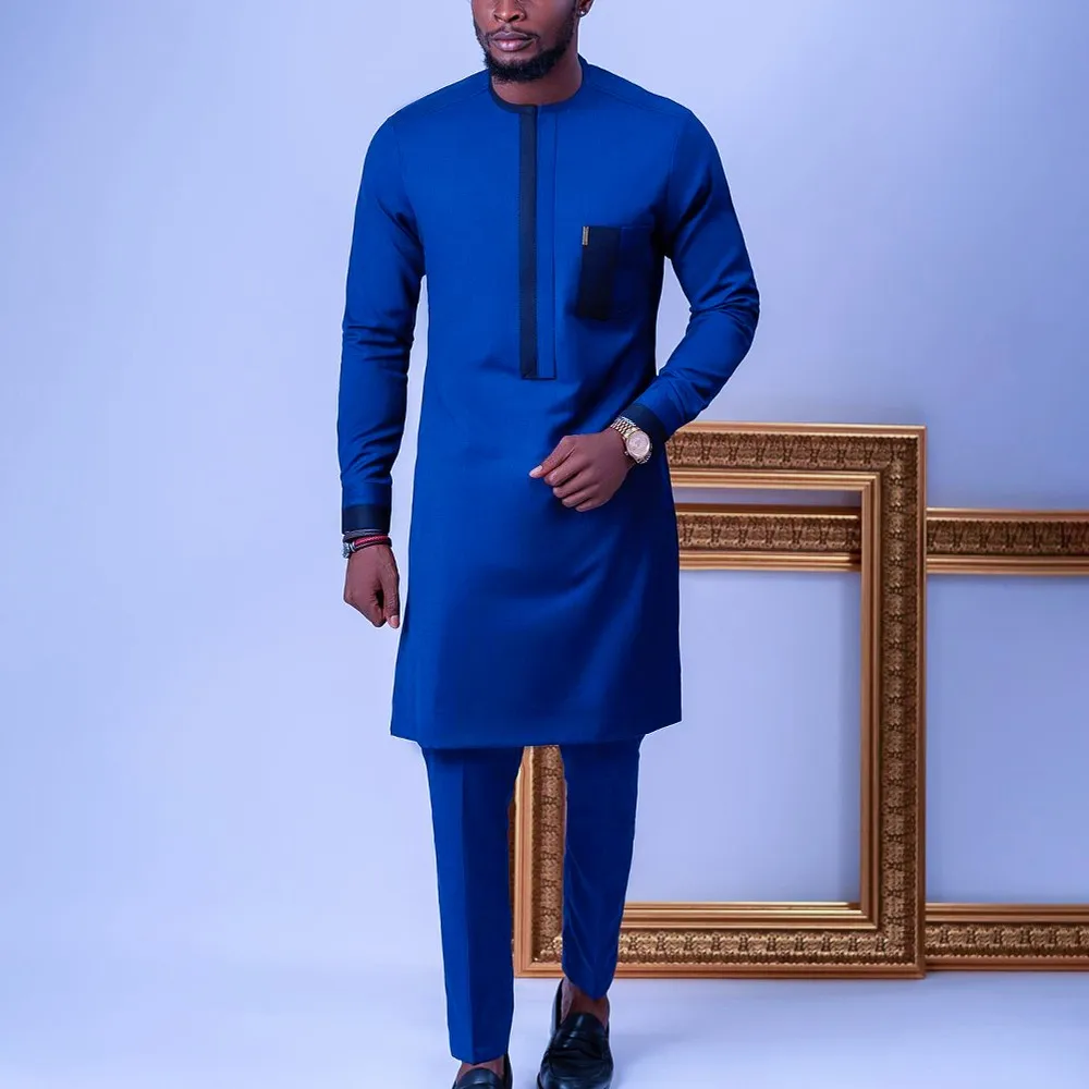 New Men\'s Wedding Suit Top Pants Two-piece Suit Round Neck Stitching Solid Color Long Sleeve Festival African Ethnic Style