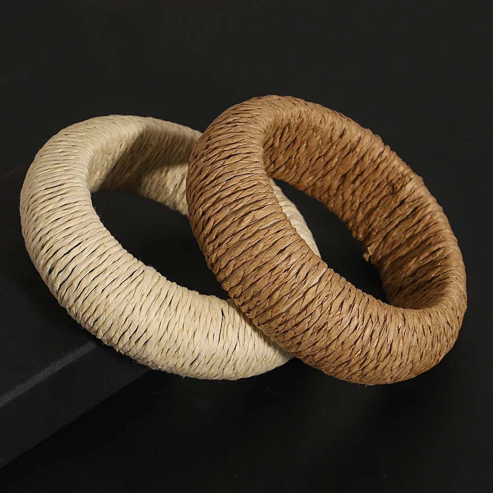 ALLYES Bohemian Handmade Paper Weave Bracelet for Women Vintage Oval Wide Wrist Bangle Bracelets Beach Jewelry Diameter 63mm