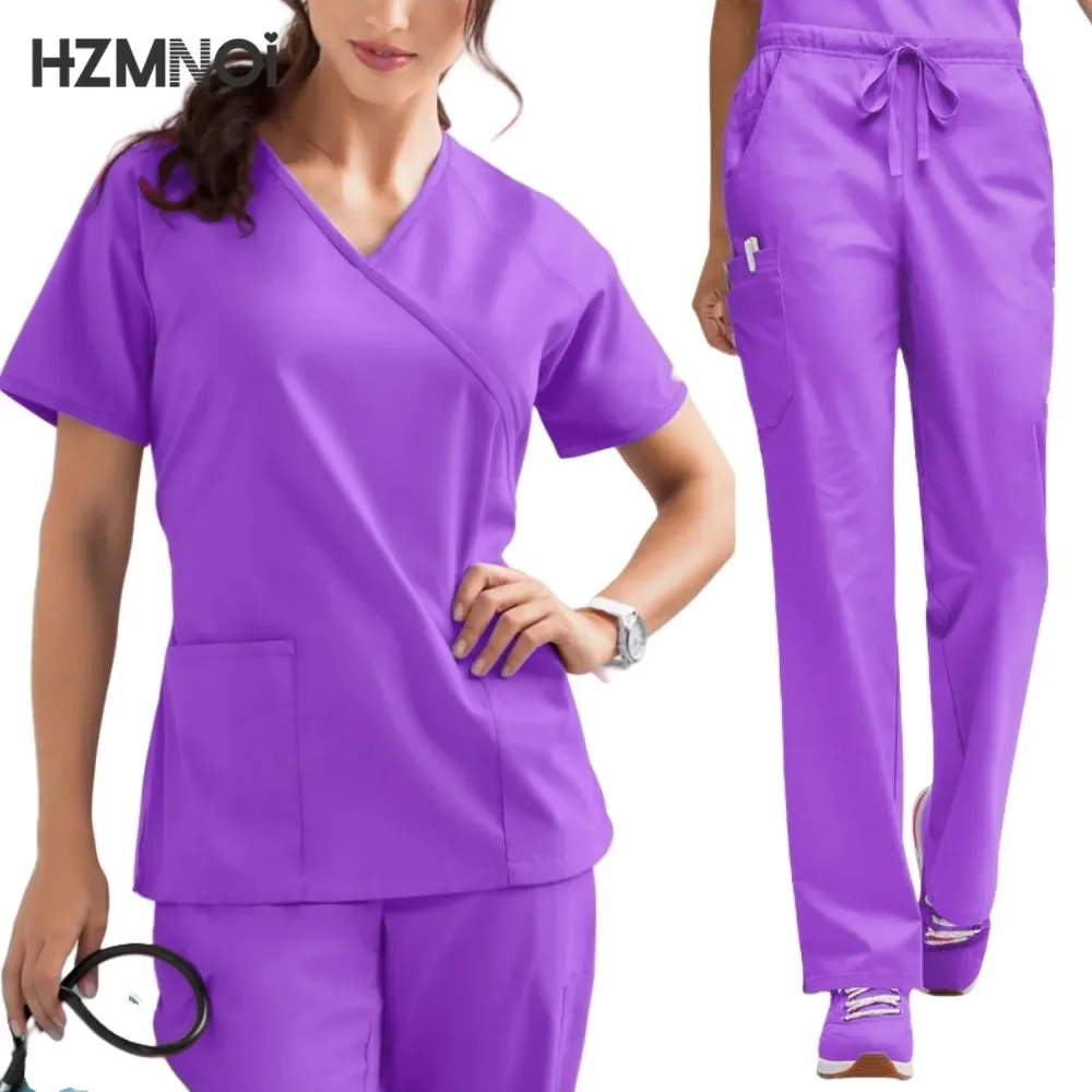 New Scrubs Set Medical Uniforms Stretch Tops Straight Pants with Pocket Nurse Uniform Surgery Sweet Spa Beauty Salon Workwear