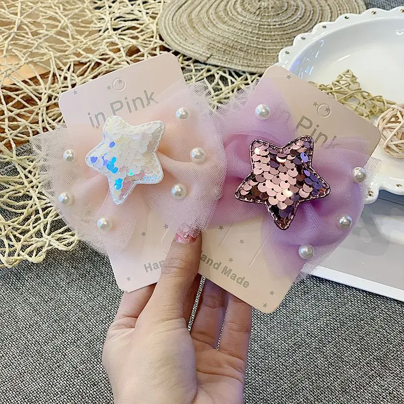 20pcs Glitter Sequin Star Hairpins Tulle Bow Cartoon Barrettes Fashion Princess Headwear Boutique Hair Accessories for Girls