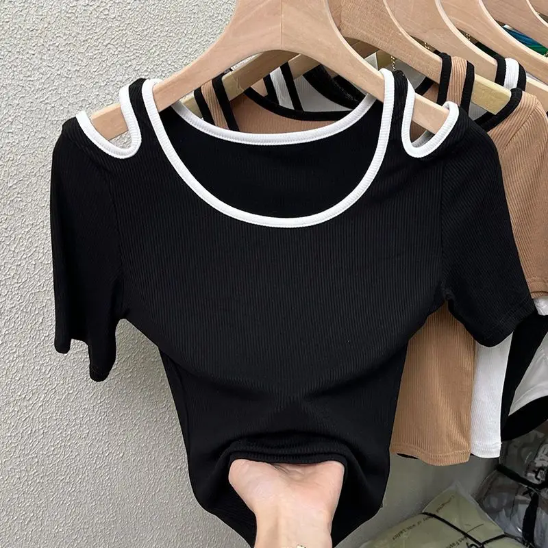 

Sexy Hollow Out Slim Tops Tees Summer New Short Sleeve Off Shoulder Plus Size Solid Color T Shirts Casual Fashion Women Clothing