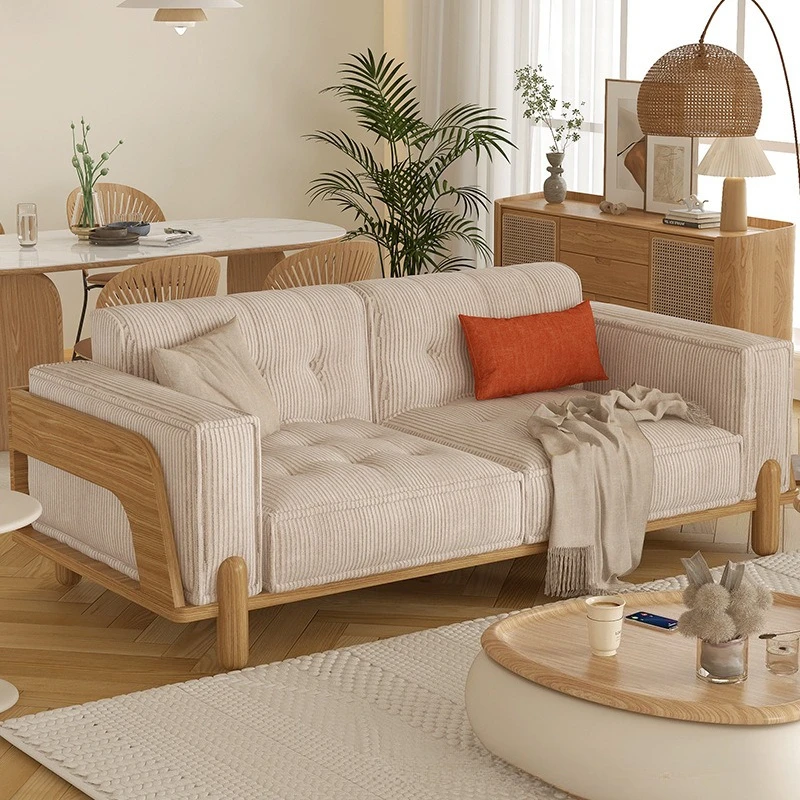 

Japanese-style sofa small apartment solid wood simple modern living room three-person log wind cream fabric corduroy sofa