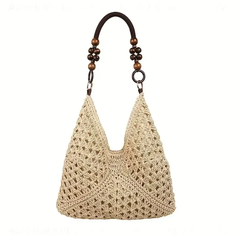 Women Elegant Plaid Knit Shoulder Backpack Beige Khaki Crossbody Handbag Fixed Buckle Durable Polyester Lining Beach Travel