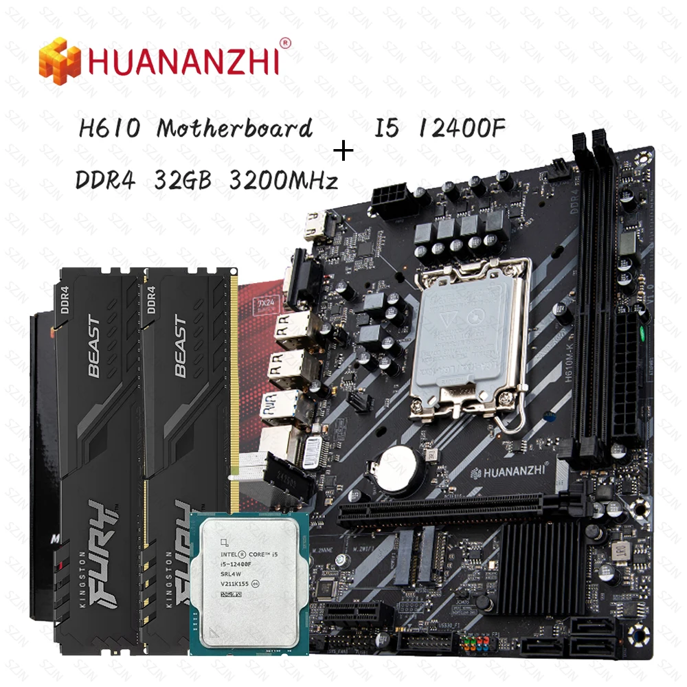 HUANANZHI H610 Kit Intel Core I5 12400F 2*16GB = 32GB Memory DDR4 3200 Desktop RAM LGA 1700 Motherboard Set